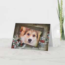 Kerst Driekleurige Corgi in Houten Lijst Feestdagen Kaart