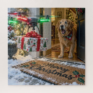 Kerst Drone Levering met Verraste Hond Legpuzzel