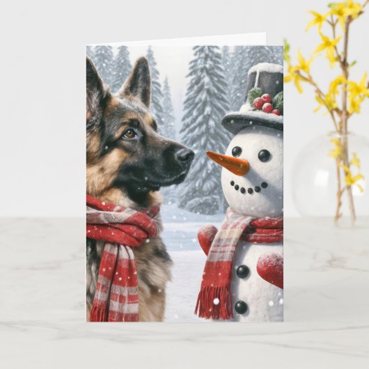 Kerst Duitse herder met sneeuwpop Kaart (Gele Bloem)