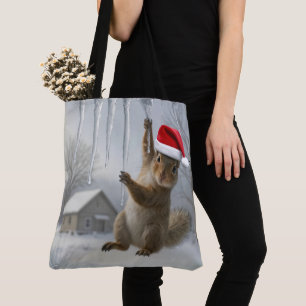 Kerst eekhoorn hangend aan een ijspegel tote bag