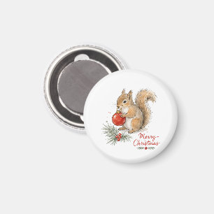 Kerst eekhoorn met rode ornament magneet