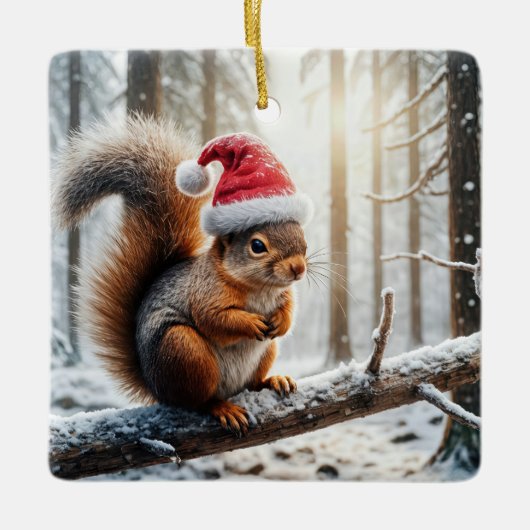 Kerst eekhoorn op besneeuwde boomtak keramisch ornament (Voorkant)
