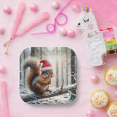 Kerst eekhoorn op besneeuwde boomtak papieren bordje (Feest)