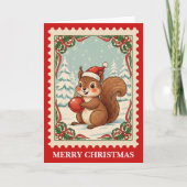 Kerst Eekhoorn Retro Postzegel Feestdagen Kaart (Voorkant)