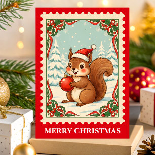 Kerst Eekhoorn Retro Postzegel Feestdagen Kaart