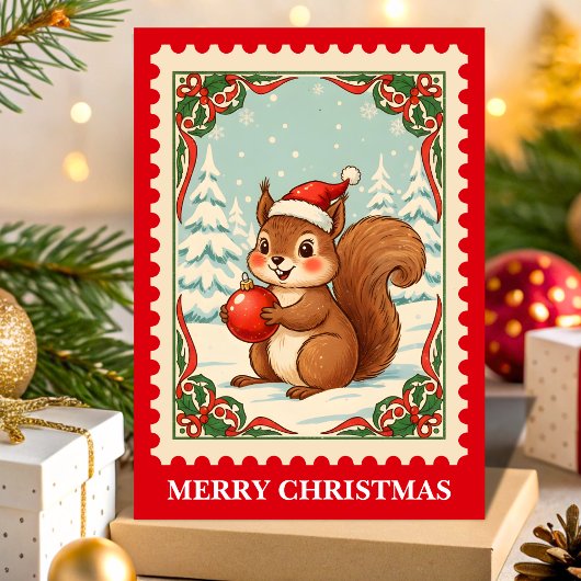 Kerst Eekhoorn Retro Postzegel Feestdagen Kaart