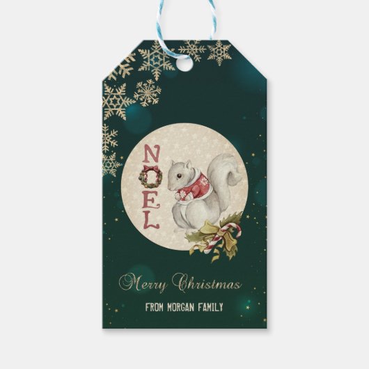 Kerst-eekhoorn uit grootmoeders tijd, Sneeuwvlokke Cadeaulabel (Voorkant)