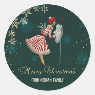 Kerst-eekhoorn uit grootmoeders tijd, Sneeuwvlokke Ronde Sticker