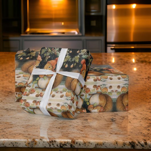 Kerst eekhoorns delen noten Holly Cadeaupapier