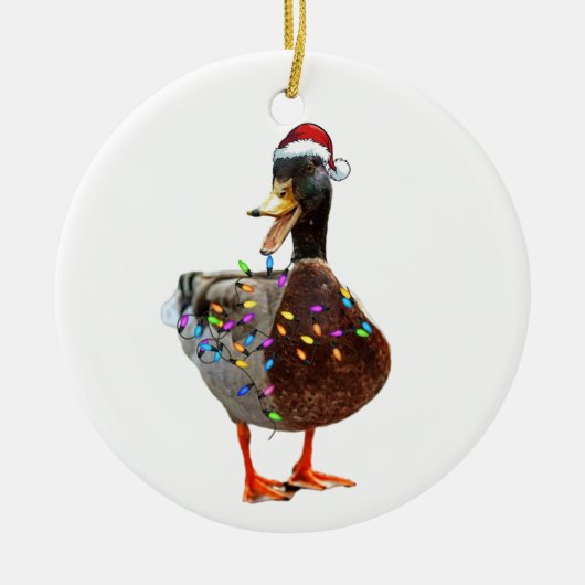 Kerst Eend met pet en verlichting Keramisch Ornament (Voorkant)