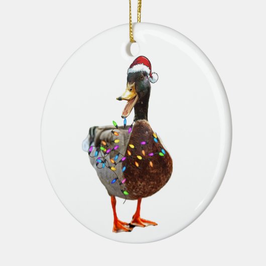 Kerst Eend met pet en verlichting Keramisch Ornament (Links)