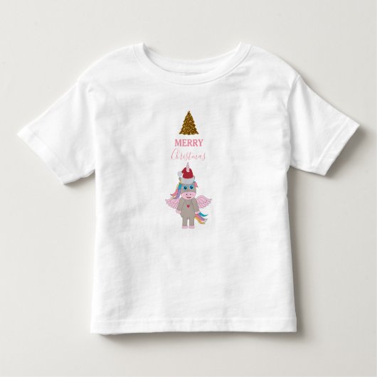 Kerst eenhoorn kerstman hoed goud glitters kerstbo kinder shirts (Voorkant)