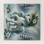 Kerst eenhoorn met gouden hoorn witte poinsettia legpuzzel (Horizontaal)