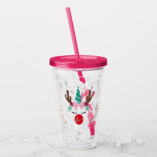 Kerst Eenhoorn Plastic Cup met stro Acryl Drinkbeker (Voorkant ijs)