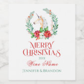 Kerst eenhoorn poinsettia krans & typografie wijn etiket (Enkel label)