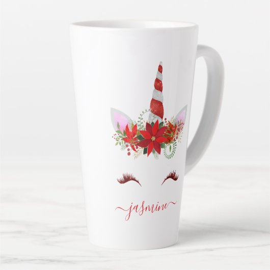 Kerst Eenhoorn Rood Bloemen Goud Wimpers Naam Latte Mok (Rechterhoek)