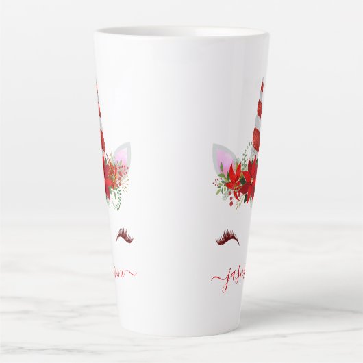 Kerst Eenhoorn Rood Bloemen Goud Wimpers Naam Latte Mok (Voorkant)