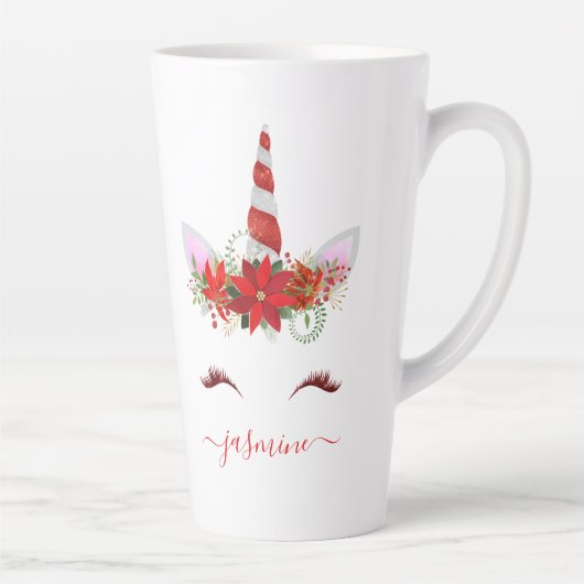 Kerst Eenhoorn Rood Bloemen Goud Wimpers Naam Latte Mok (Rechts)