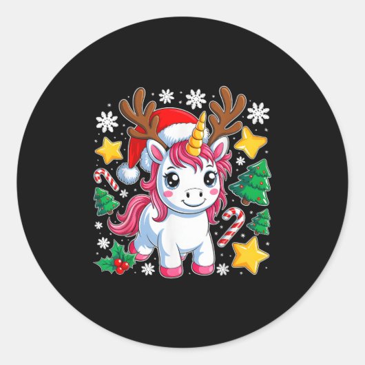 Kerst Eenhoorn Schattige Magische Xmas Peuter Meis Ronde Sticker (Voorkant)