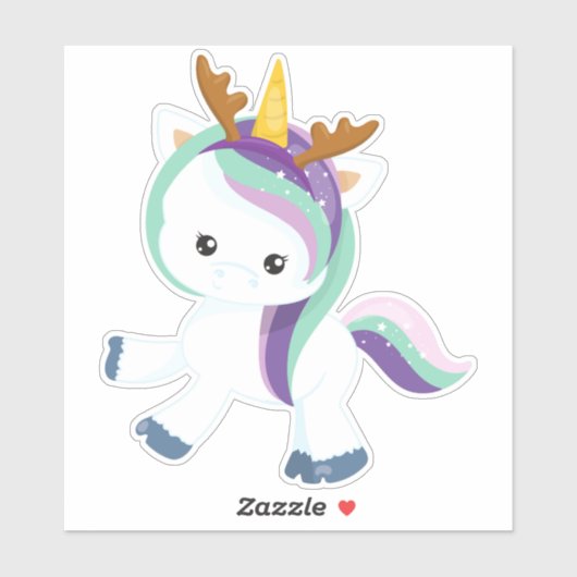 Kerst Eenhoorn, Schattigee Eenhoorn, Antlers, Xmas Sticker (Vel)
