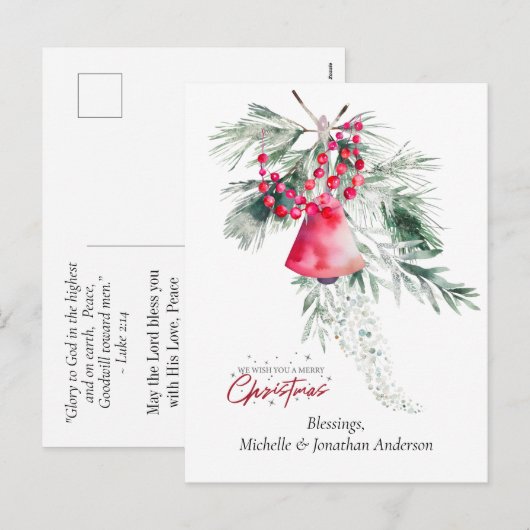 Kerst Eenvoudige Bell Groen Ontwerp Bijbel Verse Feestdagenkaart (Voorkant / Achterkant)