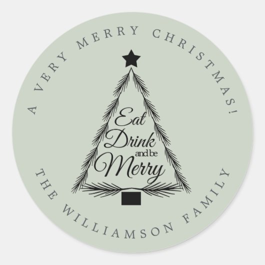 Kerst Eet Drink Vrolijk Naam Groene Enveloppe Zege Ronde Sticker (Voorkant)