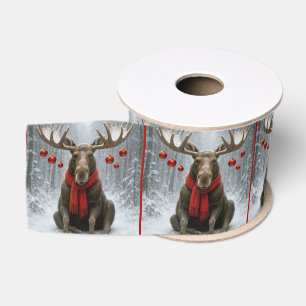 Kerst-Eland In een Besneeuwd Bos Grosgrain Lint