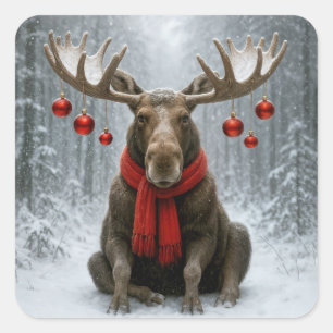 Kerst-Eland In een Besneeuwd Bos Vierkante Sticker