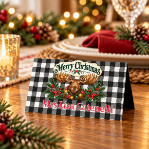 Kerst Eland Zwart en Wit Buffalo Plaid Plaatskaart Plaatskaartje