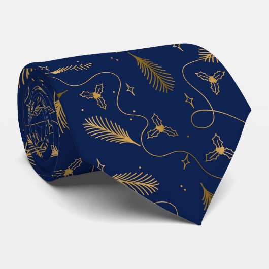 Kerst Elegant Blauw en Goud patroon Stropdas (Opgerold)