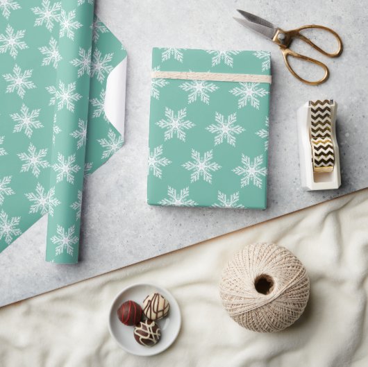 Kerst Elegant Blauwgroen Groene Sneeuwvlokken Patr Cadeaupapier (Crafts)