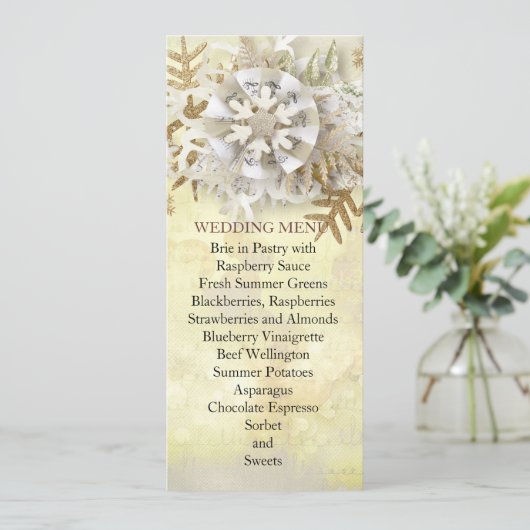 Kerst Elegant Goud Sneeuwvlokken Bruiloft Menu (Staand voorkant)