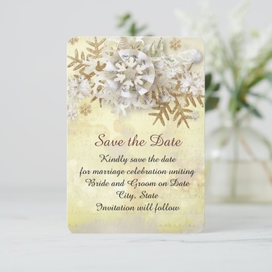 Kerst Elegant Goud Sneeuwvlokken Save the date (Staand voorkant)