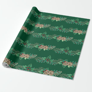 Kerst Elegant Green Holly Berry Pine Garland Cadeaupapier