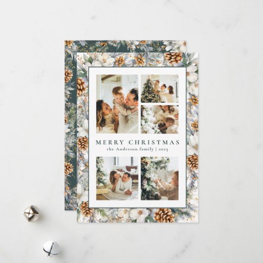 Kerst Elegante Donkergroene Waterverf Botanisch Feestdagenkaart (Voorkant / Achterkant in situ)