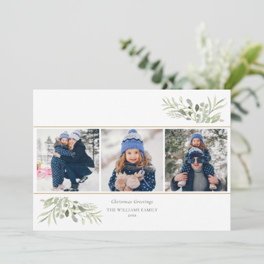 Kerst Elegante Groene Bloemen Moderne 3 Foto Feestdagenkaart (Staand voorkant)