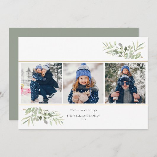 Kerst Elegante Groene Bloemen Moderne 3 Foto Feestdagenkaart (Voorkant / Achterkant)