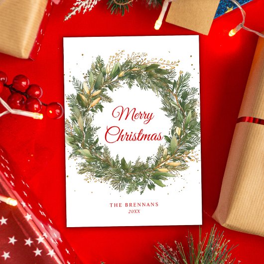 Kerst Elegante rode groene botanische krans Feestdagenkaart