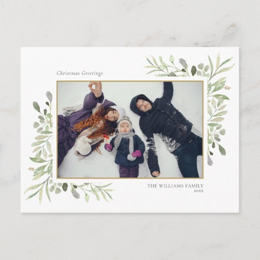 Kerst Elegante Waterverf Groen Bloemen Foto Feestdagenkaart (Voorkant)