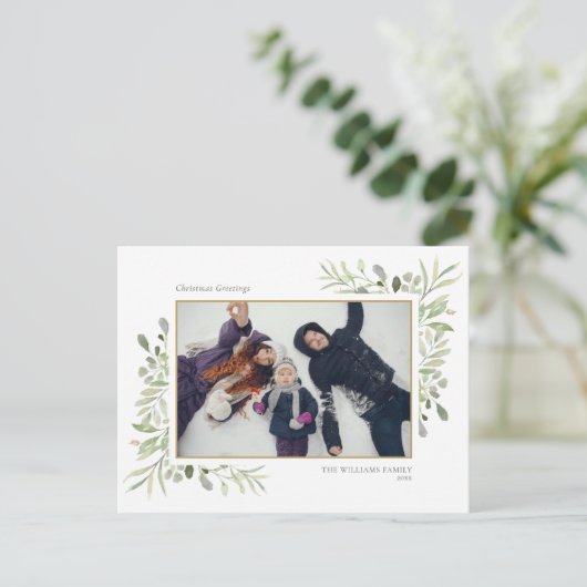 Kerst Elegante Waterverf Groen Bloemen Foto Feestdagenkaart (Staand voorkant)