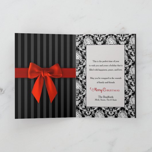Kerst, elegante zwarte/witte patronen/rood lint kaart (Binnen)