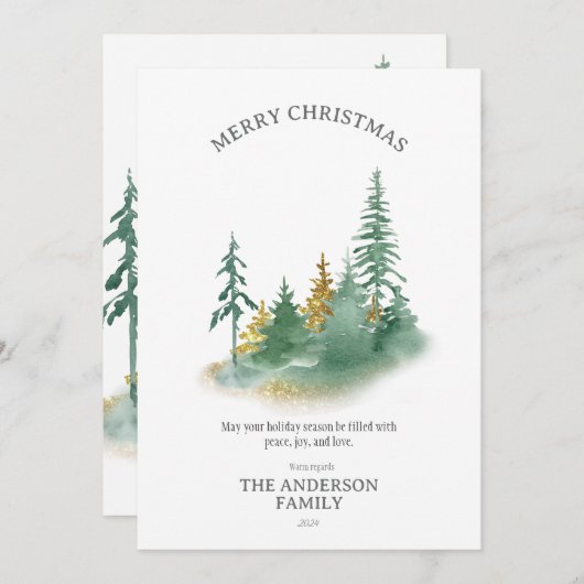 Kerst Elegantie: Groene en Gouden Pijnboom Feestdagenkaart (Voorkant / Achterkant)