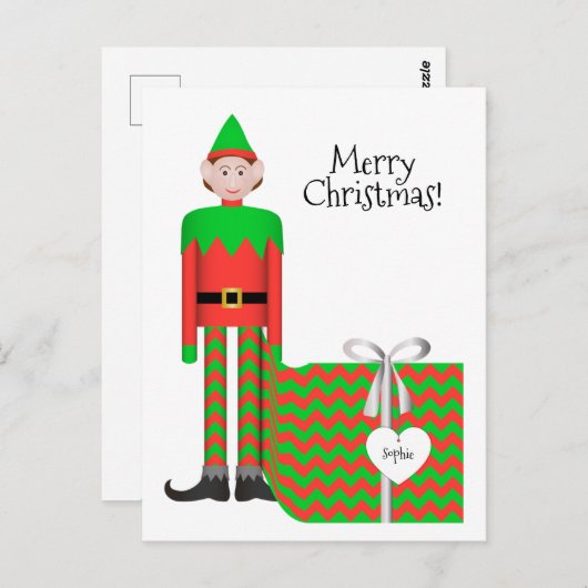 Kerst Elf Briefkaart - Chevron Cadeaupakket (Voorkant / Achterkant)
