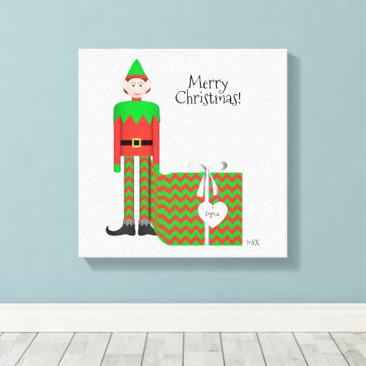 Kerst Elf Canvas Print - Chevron cadeau pakket (Insitu (Houten vloer))