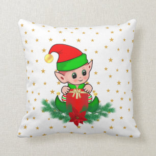 Kerst elf, dennenboom, poinsettia & sterren kussen