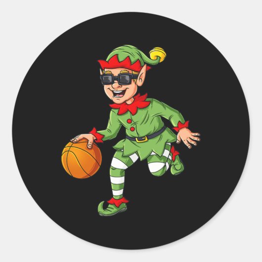 Kerst Elf Dribbling Een Basketbal Fun Boys Kinder Ronde Sticker (Voorkant)
