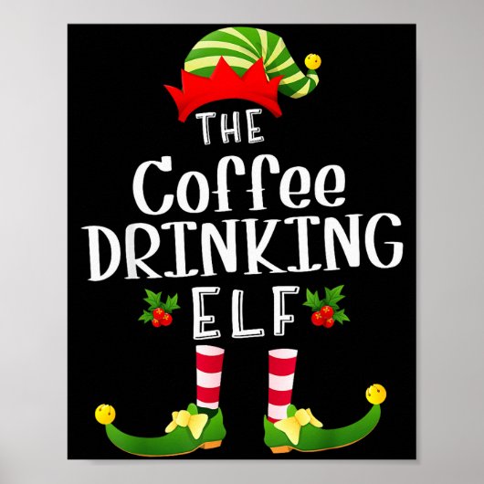Kerst Elf Drinkende Koffie Matching Pyjama Kerstmi Poster (Voorkant)