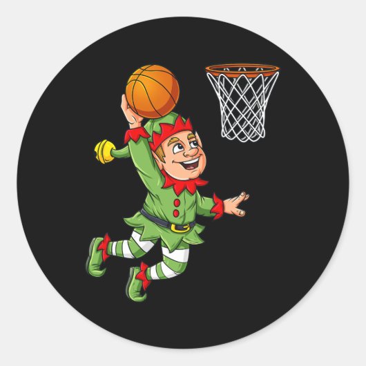 Kerst Elf Dunking Een Basketbal Fun Boys Kinder X Ronde Sticker (Voorkant)