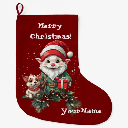  Kerst Elf en Doggo Stocking Grote Kerstsok (Voorkant)