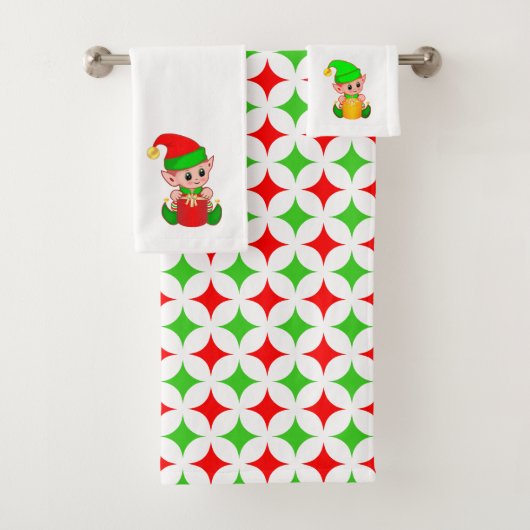 Kerst, Elf en Green Red Diamond Star Pattern Bad Handdoek (Insitu)